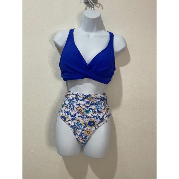 Fashion Other - Fashion Royal Blue Twist Front High Waisted Floral Bikini Set NWT Large